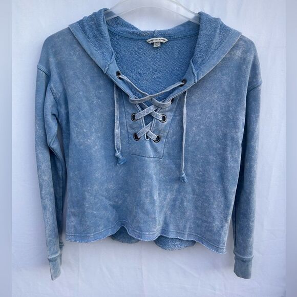 American Eagle Outfitters Women's Blue White Washed Lace-up Front Hoodie SZ S - Picture 5 of 14